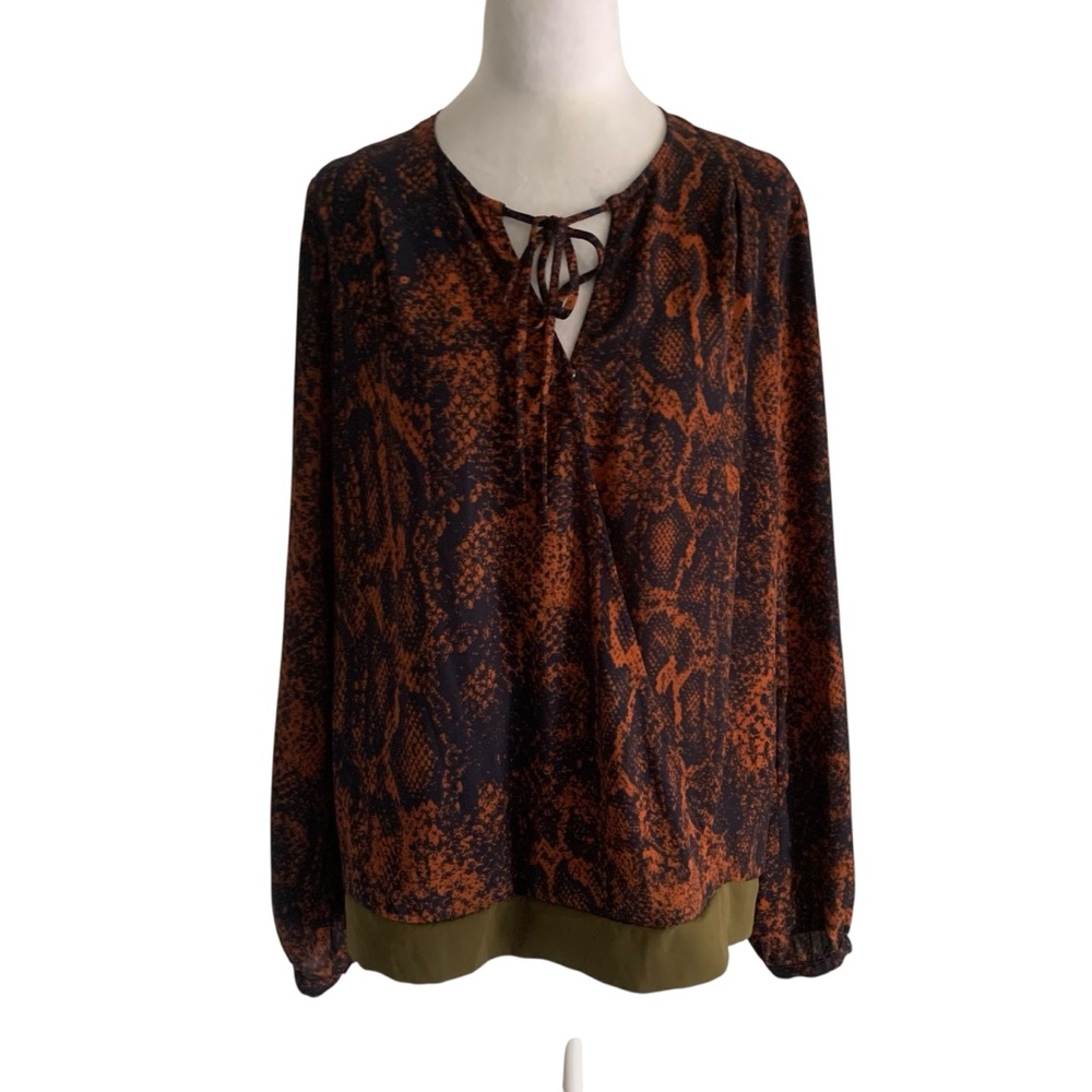 CAbi Women's Medium Snake Print Faux Wrap Blouse Orange Black Olive Green